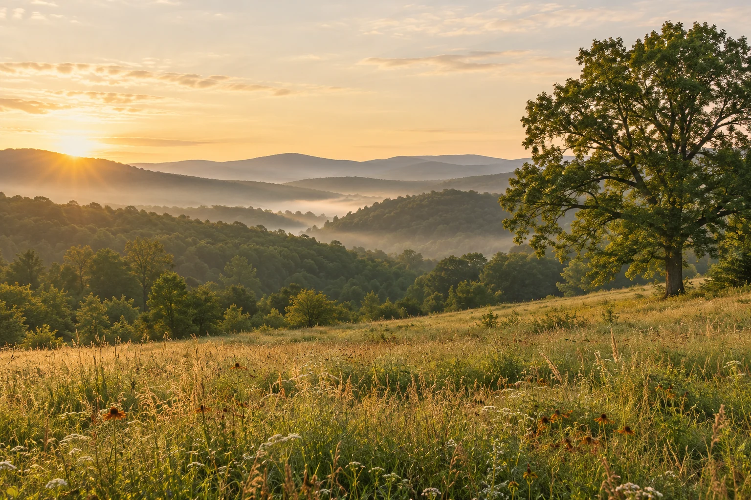 Soft morning light over a quiet meadow and green rolling hills